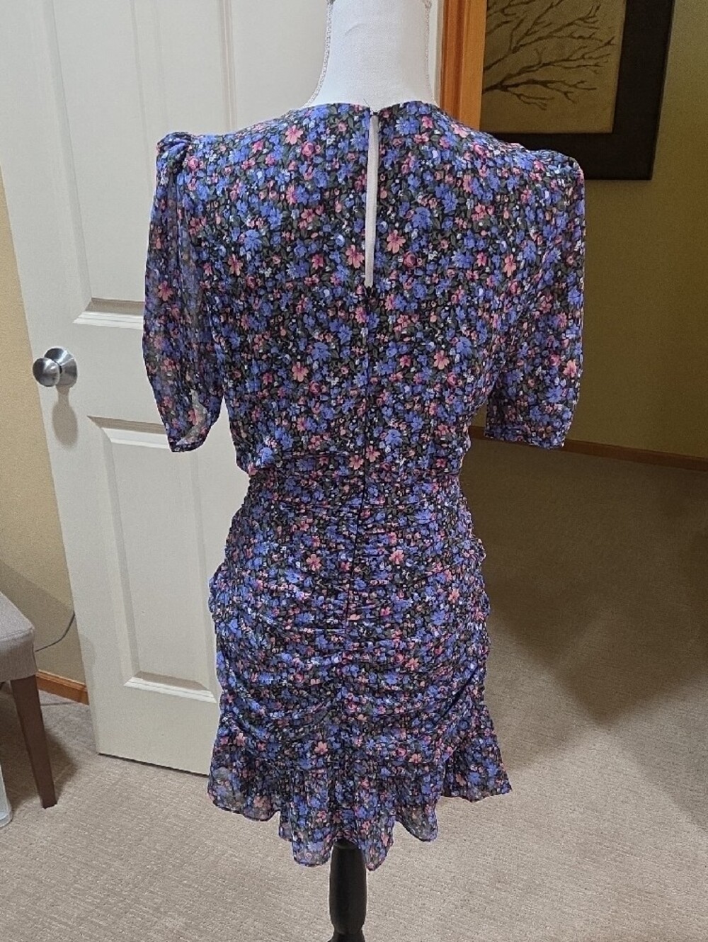 Astr Navy Floral V-Neck Ruffle Mini Dress with Pink Accents - Picture 3 of 5